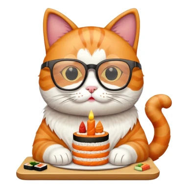 cat with cool square shaped glasses eating a birthday cake made out of sushi sticker