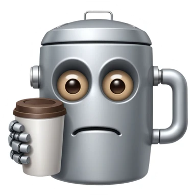 A sleepy robot with droopy eyes holding a coffee mug, looking exhausted sticker