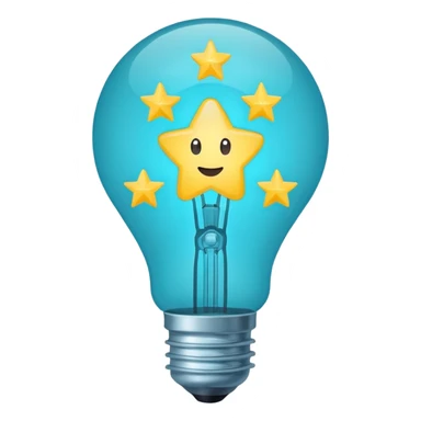 Light bulb icon with three small stars inside the bulb, flat emoji style, outline with blue and turquoise colors, white background sticker