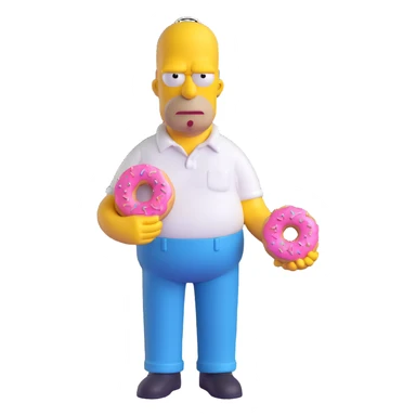 Homer Simpson 3D style, yellow skin, bald head with two hairs, white shirt, blue pants, holding a pink donut sticker