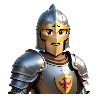 clash-of-clans-aesthetic_-cinematic-fearsome-and-majestic-knight-bust-portrait-emoji, rendered in a flat, vector-style with minimal shading and bold, simplified shapes, depicting a battle-ready medieval knight with steely eyes and intricate armor, mounted on a warhorse reflecting sunlight over a misty battlefield. sticker