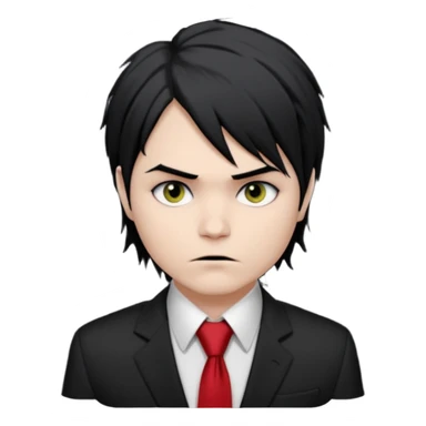 Gerard Way (Revenge Era)
Round, simplified emoji style
Pale skin tone
Jet-black, shoulder-length hair messy and emo
Heavy eyeliner and slight red shadow under the eyes
Subtle serious
Hint of red tie visible on black button up shirt.
Transparent background. Black eyeliner. Messy emo hair sticker