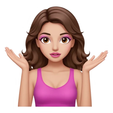 girl with long wavy brown hair, brown eyes, long lashes makeup, sexy pink lips, light to medium complexion, pink sexy top, two hands up, shrugging sticker