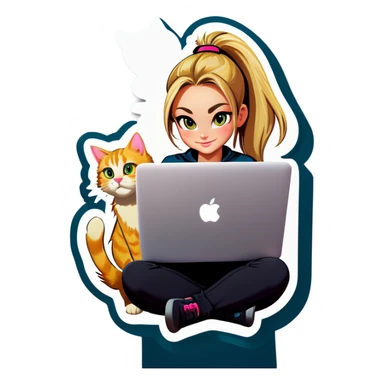 Blonde girl ponytail macBook and a cat sticker