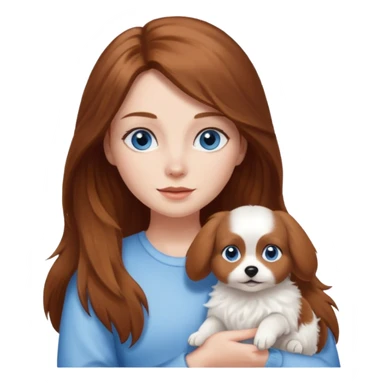 long hair chestnut color blue eyes woman holding small just white dog sticker