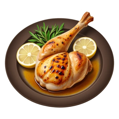 Draw a grilled chicken leg on a plate with herbs & lemon slices. sticker