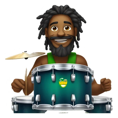 Illustrate a Brazilian drummer with tied hair, a beard, and Rastafarian style, with an expression of pure happiness while playing drums in a live stream. Make sure the logo "GG Lukas Drummer" is in the background. sticker