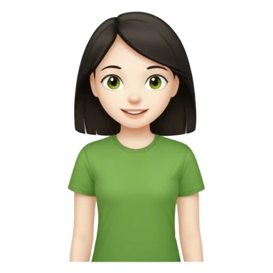 Young girl with straight, dark hair, damaged and unattractive, wearing a green T-shirt, looking happy and cheerful. sticker