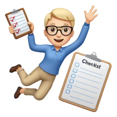 playful product owner emoji, person with glasses and a checklist, jumping or celebrating sticker