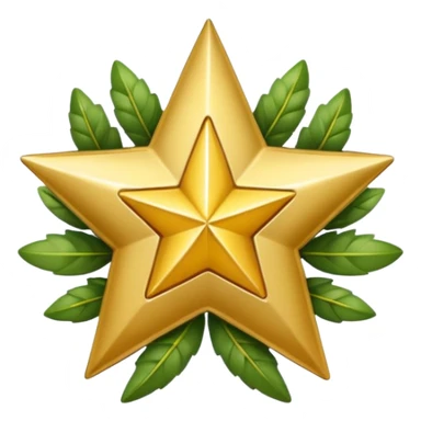 Create a gold star badge emoji in Apple emoji style with a star and a laurel wreath. Keep the background transparent. sticker