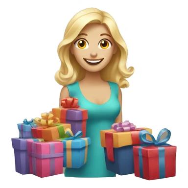 happy blonde woman with a lot of gifts sticker