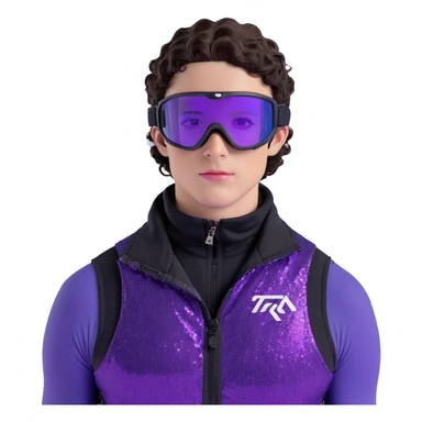 close-up of male athlete with white skin and moderately curly dark brown hair on top with shaved sides, wearing ski goggles with purple frames and very dark black lenses, a simple plain black chain necklace, and a completely unzipped sleeveless vest with purple and black sequin fire pattern design with no logo, frame centered on face and upper chest sticker