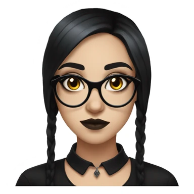 Goth girl with glasses and graphic eyeliner and black hair wearing a black shirt sticker