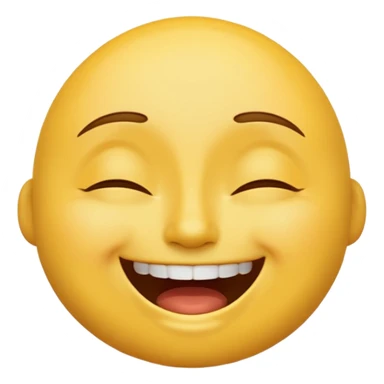 classic yellow emoji, closed eyes, upward-pointing eyebrows, upper teeth showing in a happy expression sticker