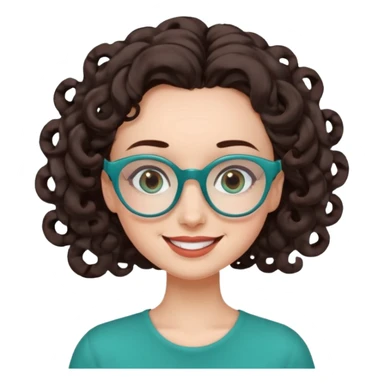 woman with extra large forehead, extra long dark brown spiral curled hair, teal glasses, smiling with head tilted sticker