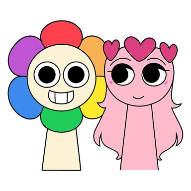 Combine the two characters from the provided images into one image, standing side by side. Keep their original colors and styles unchanged. Use a transparent background. sticker