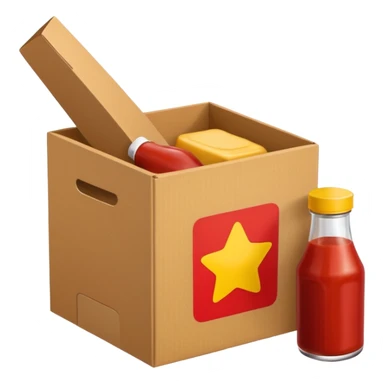 a small box have 2 sides, ketchup and mustard sticker