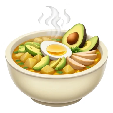 emoji of steaming bowl of Colombian ajiaco soup with typical ingredients, classic emoji style, light background sticker