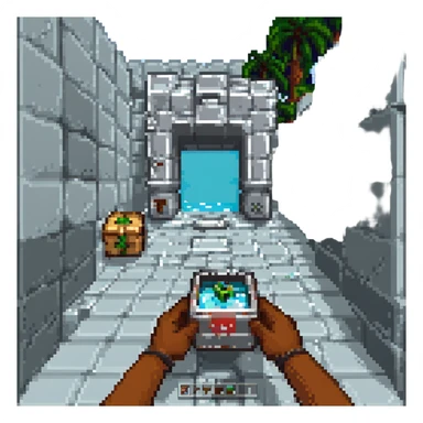 pixel art of Minecraft first-person view, hand holding a block, inventory bar at the bottom, classic Minecraft UI sticker