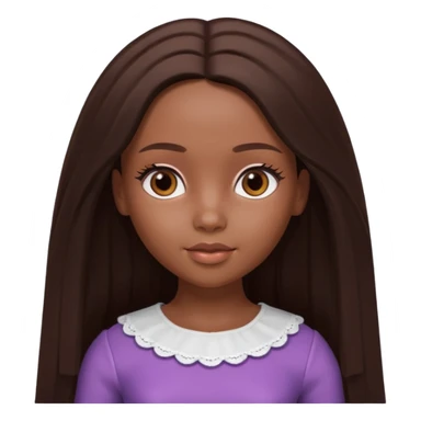 Boneca digital em estilo 3D realista e fofo, semelhante a uma boneca colecionável. Mulher jovem com pele negra, olhos castanhos escuros, cabelo liso cor chocolate, longo e bem alinhado.  sticker