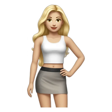 hyperrealist caucasian female with long blonde hair brown eyes white tank top gray tight mini skirt black high heeled shoes sticker