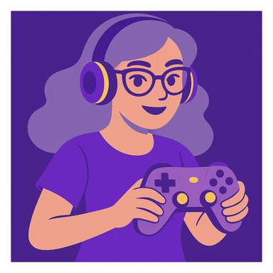 Add yellow accents to the details such as controller buttons, headphone trim, or accessories. Change her hair color to a soft grey-purple. Keep the vibrant toon style with purple and lilac as the main colors. sticker