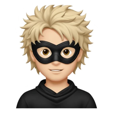 messy hair boy in a sleek black mask, playful eyes showing sticker