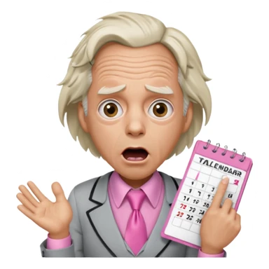 Doc Brown, in Back to the Future, looking shocked, mouth wide open, with a shocked expression. Without glasses. Wearing a silver dress with black trim, a pink collared shirt and a white tie, holding a calendar. sticker