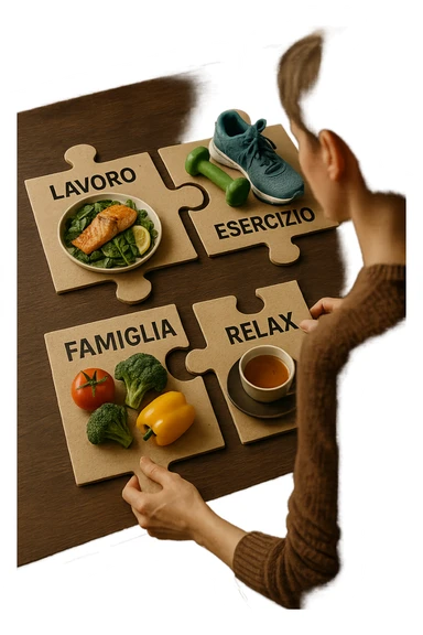 realistica cinematic photo a person is surrounded by puzzle pieces, each representing a different aspect of their life (Lavoro, Esercizio, Famiglia, Relax), and healthy foods are integrated into each piece. The person assembles the puzzle, creating a complete, personalized nutrition plan. The mood is uplifting and creative. in italiano sticker