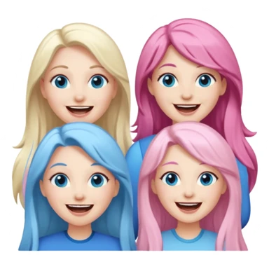 four adult white women laughing and smiling.  Two have long dark brown hair.  One has long pale pink hair and blue eyes. one has with blue eyes and light blonde hair. sticker