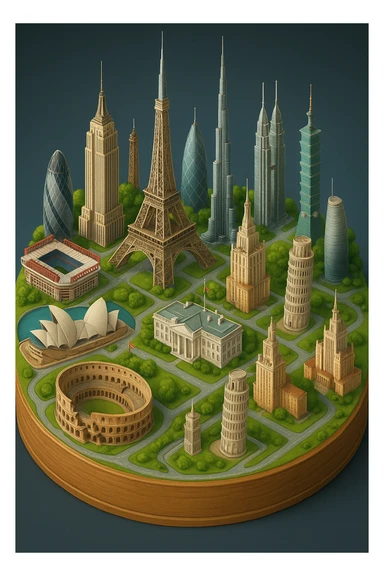Оставь основу картинки - деревянную подставку, но при этом сгенерируй изометричная, яркая, детализированная и фотореалистичная иллюстрация где будет самые узнаваемые здания мира Эмпайр Стейт Билдинг, Эйфелева башня, Колизей, Сиднейская опера, стадион Сан-Сиро, Белый Дом Пизанская башня, здание МГУ, Бурдж-Халифа, Башни Петронас, Небоскрёб Фостера в Лондоне, Рейхстаг, Тайбэй sticker