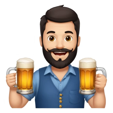 big man in yoga pose, bright skin, dark beard and dark short hair, holding beer mugs sticker