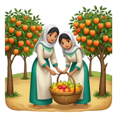 A nostalgic and culturally rich scene of Palestinian women dressed in traditional embroidered thobes harvesting fruit in an orchard. Their vibrant and intricately designed dresses reflect deep heritage, while their coordinated efforts—picking, sorting, and collecting fruit in a woven basket sticker