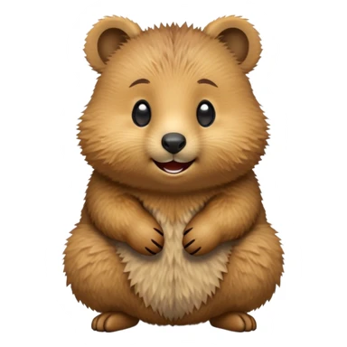 cinematic-quokka-realistic-emoji -hunched-over-emoji,-small-round-frame-balanced-on-tiny-strong-hind-legs,giant-fluffy-cheeks-large-smile-fluffy-brown-fur-radiating-a-warm-softness,-big-round-eyes-filled-with-joy, realistic emoji sticker