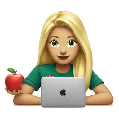A beautiful blonde girl with green eyes and tommy jeans t-shirt is sitting at a laptop, an apple-style emoji sticker