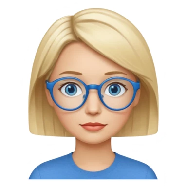 femme 40 ans cheveux courts garçon blond avec raie sur le coté, yeux bleu et lunettes rondes bleues sticker