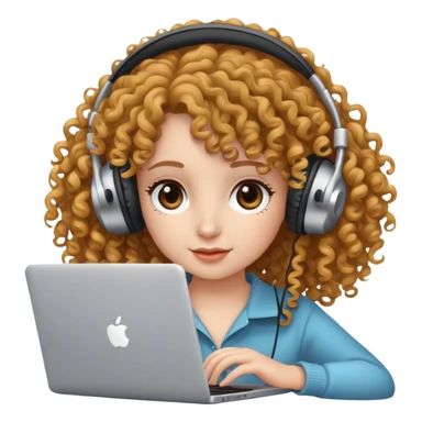 curly hair girl with headphones and a laptop sticker