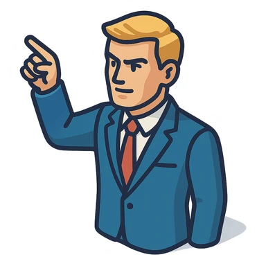 Confident male leader, Caucasian, short neat blonde hair, sharp eyes, indigo jacket, one arm raised gicing direction, waist-up, front-facing sticker