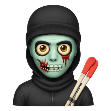 Zombie Emoji AppleIOS Style, Black Hair, SkiMask on Sideways Head, and Black shirt sticker