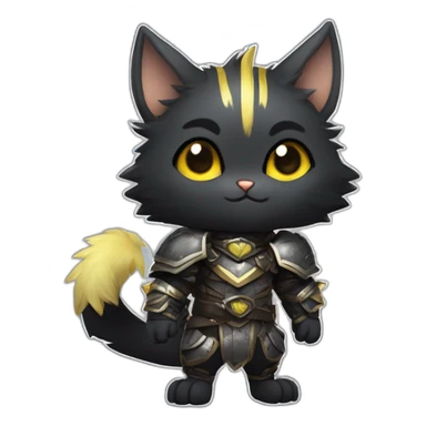 chibi monster hunter palico with all black fur and black face, on hind legs wearing armor, yellow eyes, happy and cute expression sticker