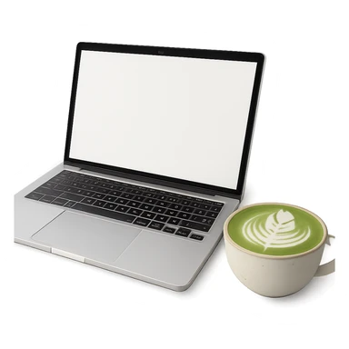 a MacBook laptop and a matcha latte together, clean and modern style sticker