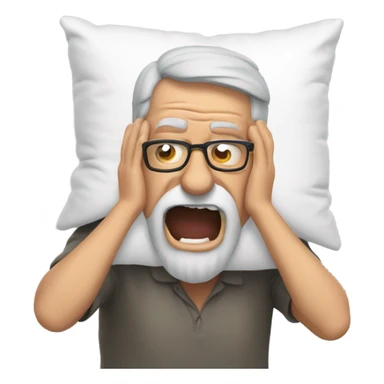 Older man with glasses and grey beard screaming into a pillow sticker