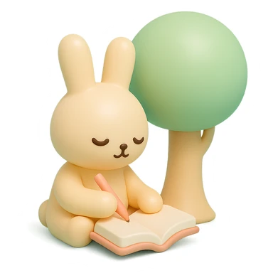 rabbit writing in a journal under a tree, pastel green and beige, vinyl figure style sticker