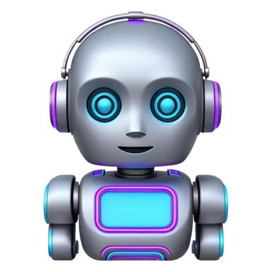 chatbot robot in gray color, with neon glow lines, blue neon glow on top left, purple neon glow on bottom right sticker