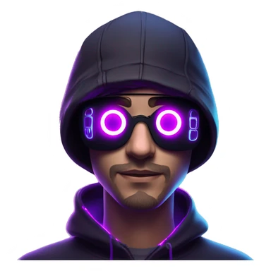 Russian man wearing a black hoodie with "OMG" letters on it and VR headset in a cyberpunk VR environment with violet neon lighting. sticker