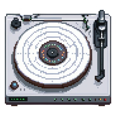 Technics turntable in pixel art style, showing platter, tonearm, and strobe dots, silver and black sticker