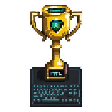 A golden trophy with a computer/code symbol for hackathon winner sticker
