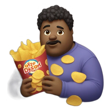 A fat guy eating Chips with a „Discord Mod“ tshirt sticker