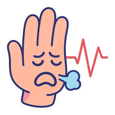 hand with pulsating line, symbol of stress and breath control, pastel toon style, clear contours, soft shadows and highlights, white outline sticker