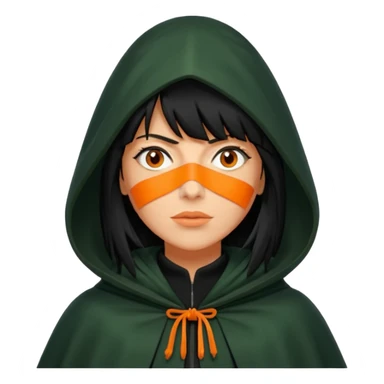 traitor tv show, person wearing dark green cloak with hood up who looks like claudia winkleman orange skin tone and thick black fringe sticker